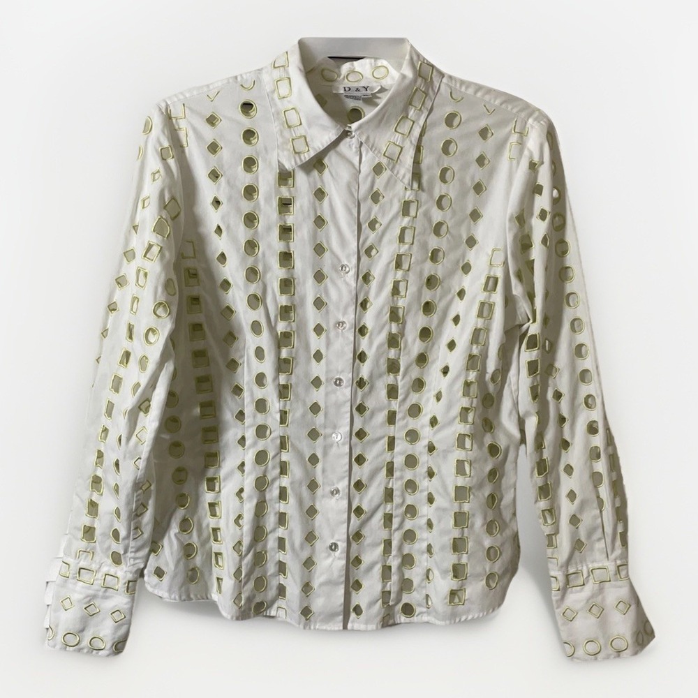 D & Y White Geometric Embroidered Cutout Long Sleeve Button Down Shirt Women XL